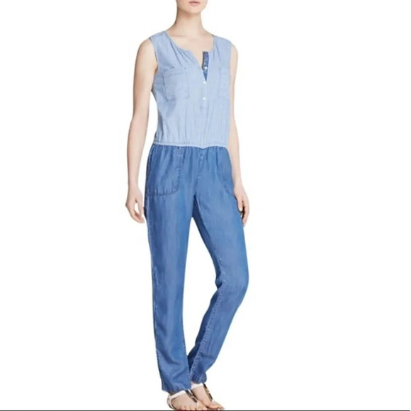C&C California Blue Chambray Stripe Mixed Jumpsuit - Picture 1 of 6